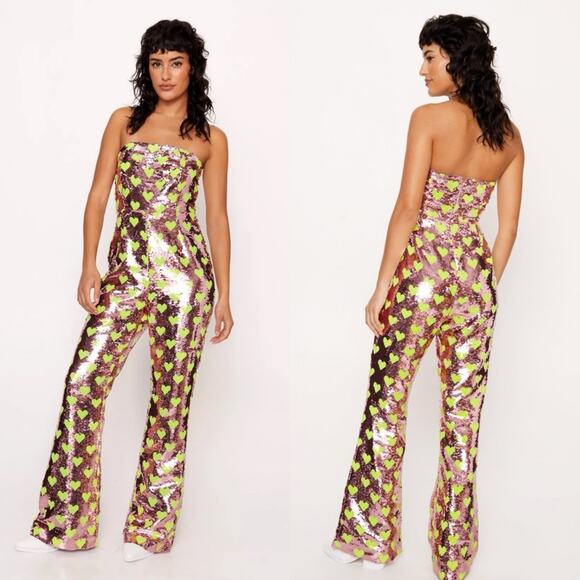 NWT Nasty gal tailored sequin heart jumpsuit pink sz 4 - Picture 1 of 7
